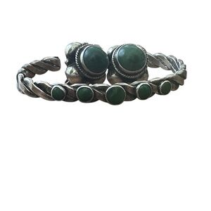 1940's Vintage Mexican Silver Earrings and Bracelet with Jade Cabochons